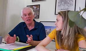 Downcast light-complexioned incredible boobs gets penetrated by a horny grandpa