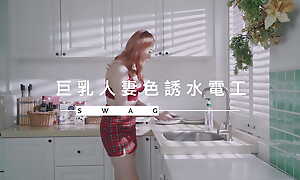 Plumber fingers housewife wide will not hear of kitchen