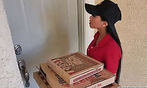 Two horny babyhood ordered some pizza and fucked this sexy asian delivery girl.