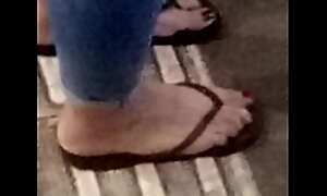 Phat butt with an increment of Lickable candid teen feet red puedicure in sandals by night outide voyeur