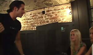 Lucky guy fucks blond on touching holy matrimony on touching the bar with an increment of cums insider their pussies