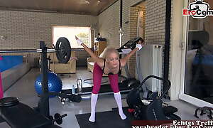 german petite flaxen-haired sporty fitness teen in pink leggins