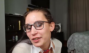 Nerdy girl with glasses sucking dick, cum on glasses
