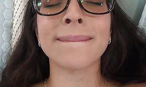 Amateur babe Madison Wilde in glasses getting their way pussy eaten and sucking cock POV