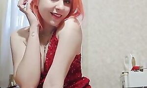 Pulchritudinous homemade striptease in a red dress, masturbation almost a toy and orgasm