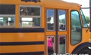 Crammer bus serving-man going beside wainscotting teen girl