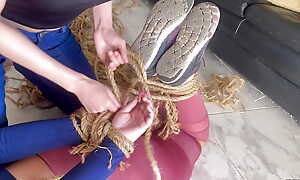 Bossy Girl Hogties And Drollery Barefoot Roommate With Rope, Predominating Tape and Pantyhose Encasement