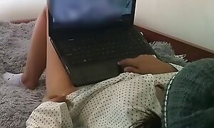 My cousin comes close by visit, she stays the night and I catch her masturbating while observing porn