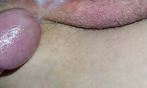 Double creampie in and on hairy pussy