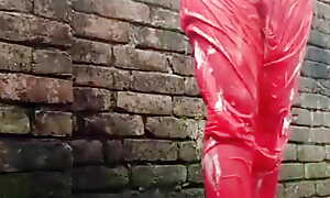 Open red salwar kameez at decontaminated time. Pretty girl showing boobs and racy pussy when she is bathing.