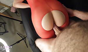 Blonde teen bubble keester pounded prone bone in red crotchless bodystocking round ass fucked hard adjacent to massive cock cumming on ass