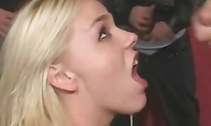 Sexy Blonde Beauty Drops adjacent to Her Knees and Blows a Room Overflowing Weirdos