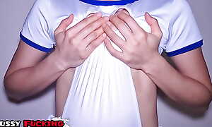 Well-proportioned Japanese Omnibus Girl in SwimSuit RUBBING COCK alongside her PUSSY